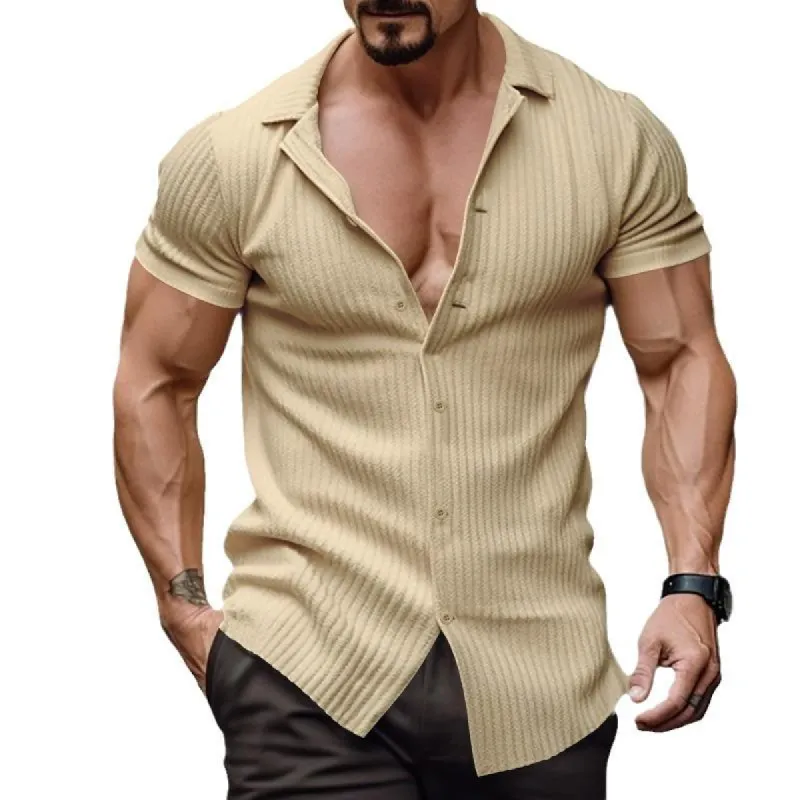 Men's Solid Color Lapel Short Sleeve Shirt 24202020X sold by Manly