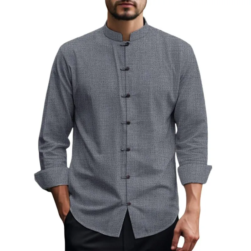 Men's Solid Color Stand Collar Button-Down Long Sleeve Shirt 15398566Y sold by Manly