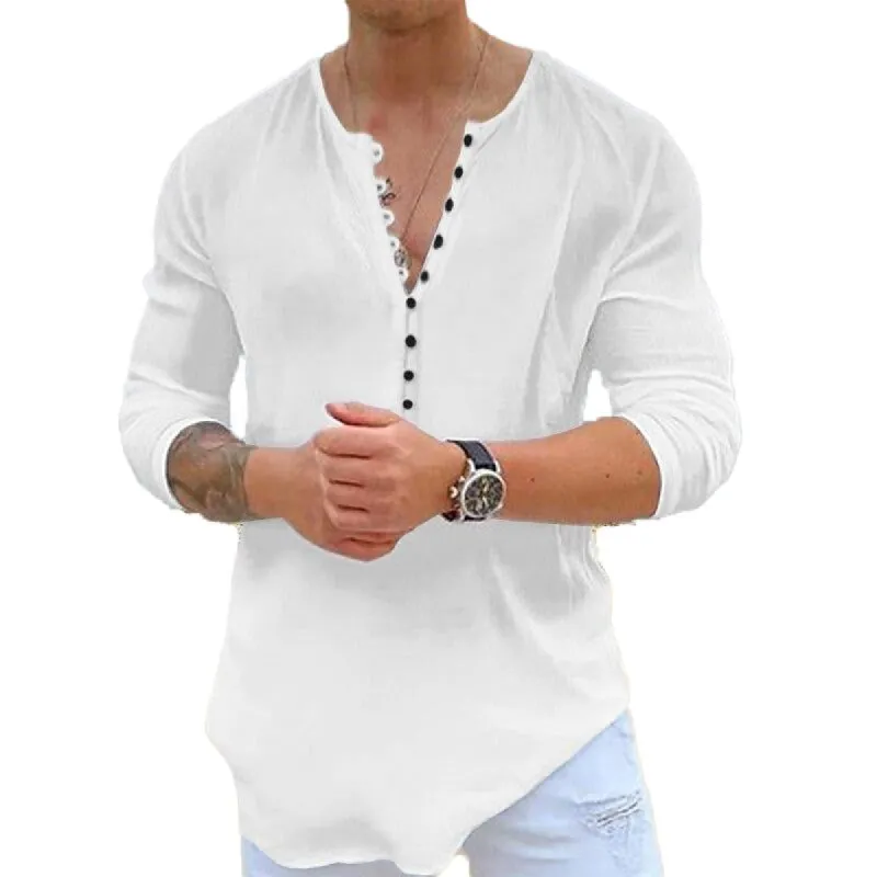 Men's Casual Solid Color V Neck Henley Neck Long Sleeve Shirt 13610037Y sold by Manly