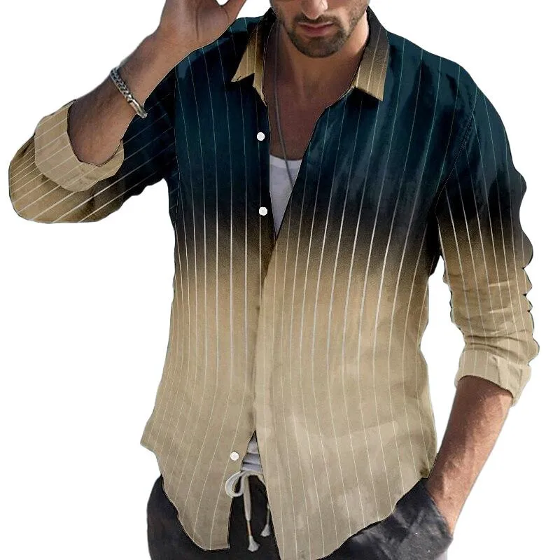 Men's Retro Casual Gradient Striped Lapel Shirt 77871354TO sold by Manly