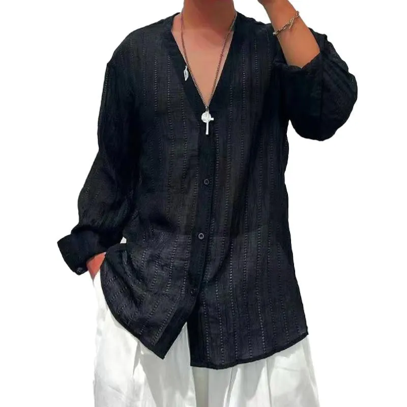 Men's Loose Solid Color V-Neck Single-Breasted Long-Sleeved Shirt 81888638Y sold by Manly