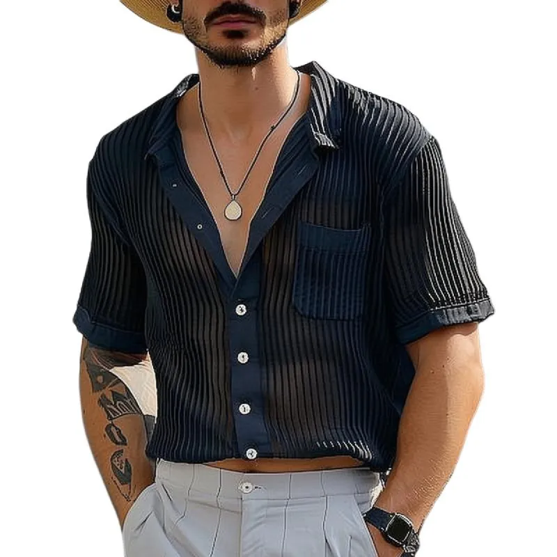 Men's Hollow Out Striped Lapel Short Sleeve Shirt 96536899Z sold by Manly