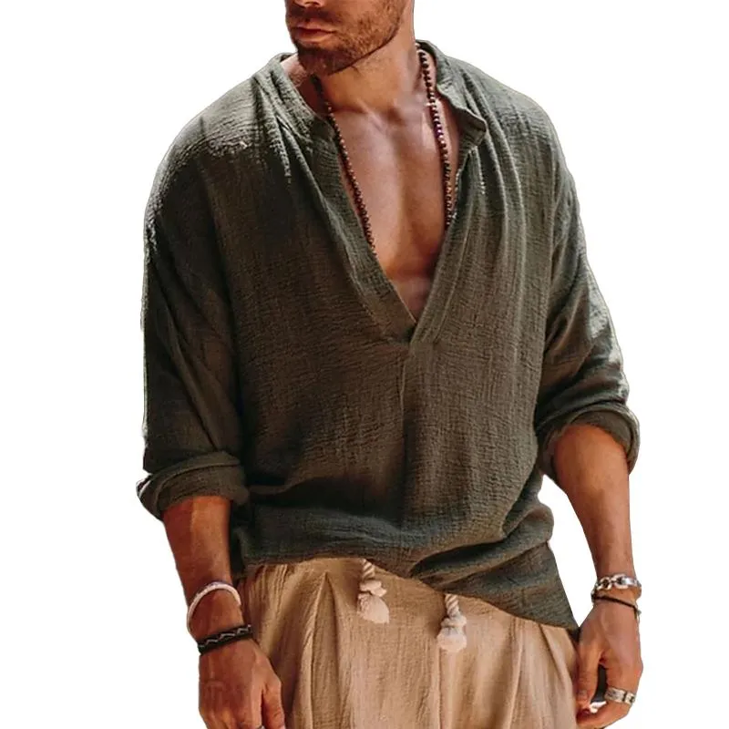 Men's Casual Cotton Solid Color Stand Collar Cotton Linen Long Sleeve Shirt 37678136M sold by Manly