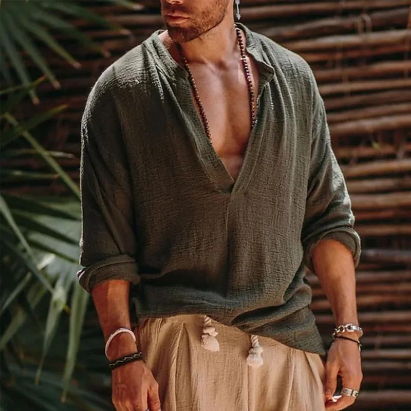 Men's Casual Cotton Solid Color Stand Collar Cotton Linen Long Sleeve Shirt 37678136M sold by Manly product image thumbnail 2