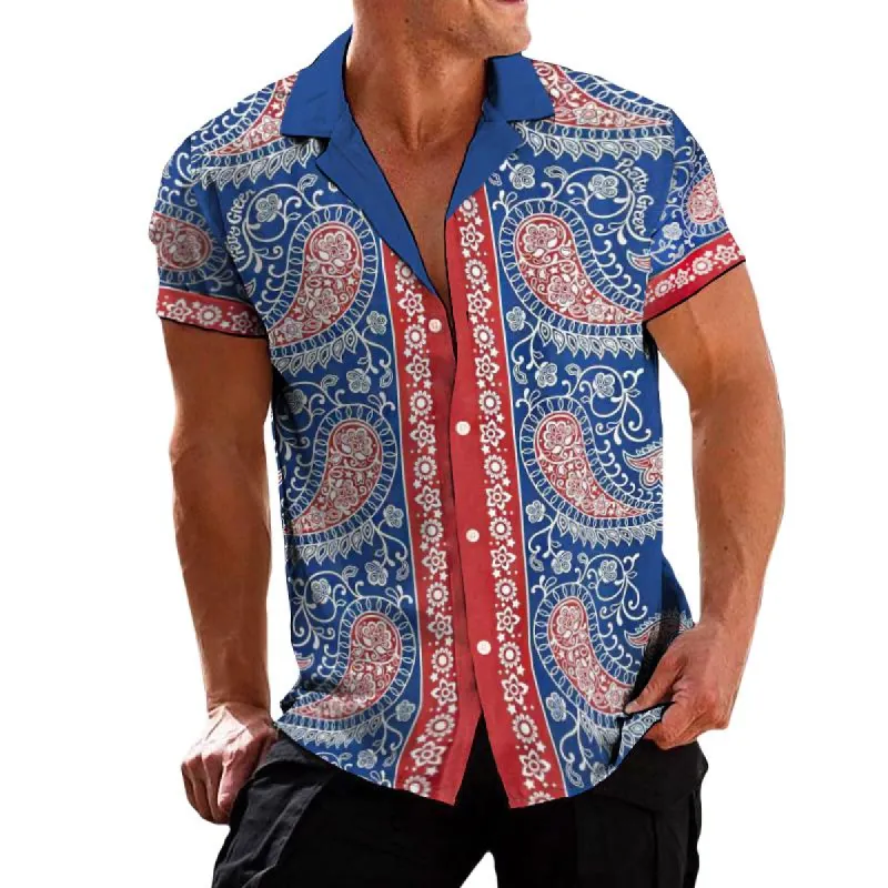 Men's Vintage Color Block Perris Cashew Flower Short Sleeve Shirt 04705304TO sold by Manly