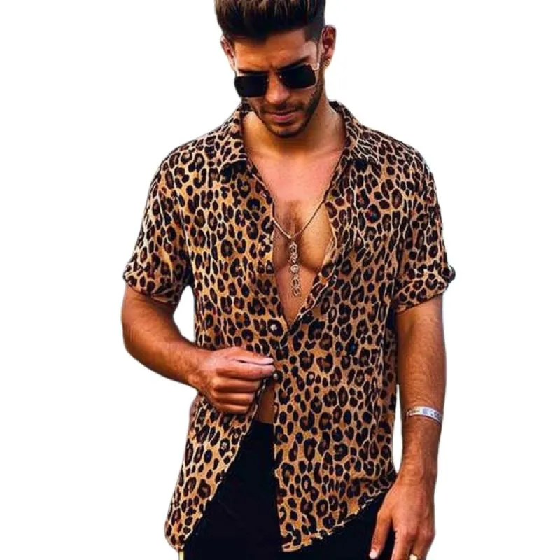 Men's Fashion Leopard Print Lapel Loose Short Sleeve Shirt 25338773M sold by Manly