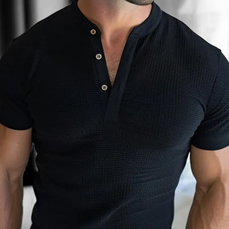 Men's Casual Waffle Henley Collar Slim Fit Short Sleeve T-shirt 56142312M sold by Manly product image thumbnail 3