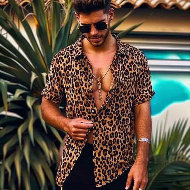Men's Fashion Leopard Print Lapel Loose Short Sleeve Shirt 25338773M sold by Manly product image thumbnail 2