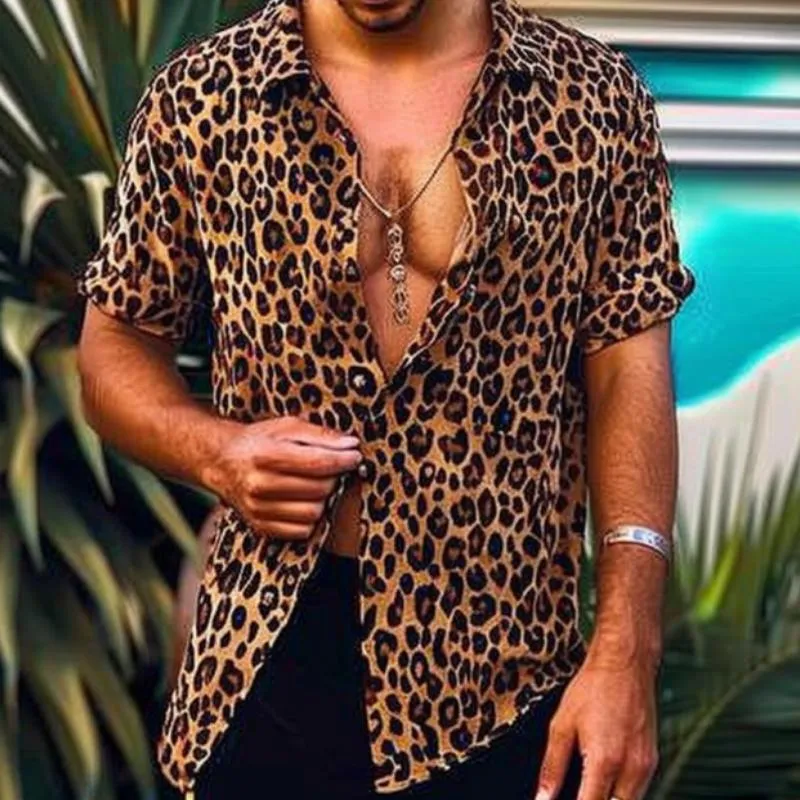 Men's Fashion Leopard Print Lapel Loose Short Sleeve Shirt 25338773M sold by Manly product image thumbnail 3