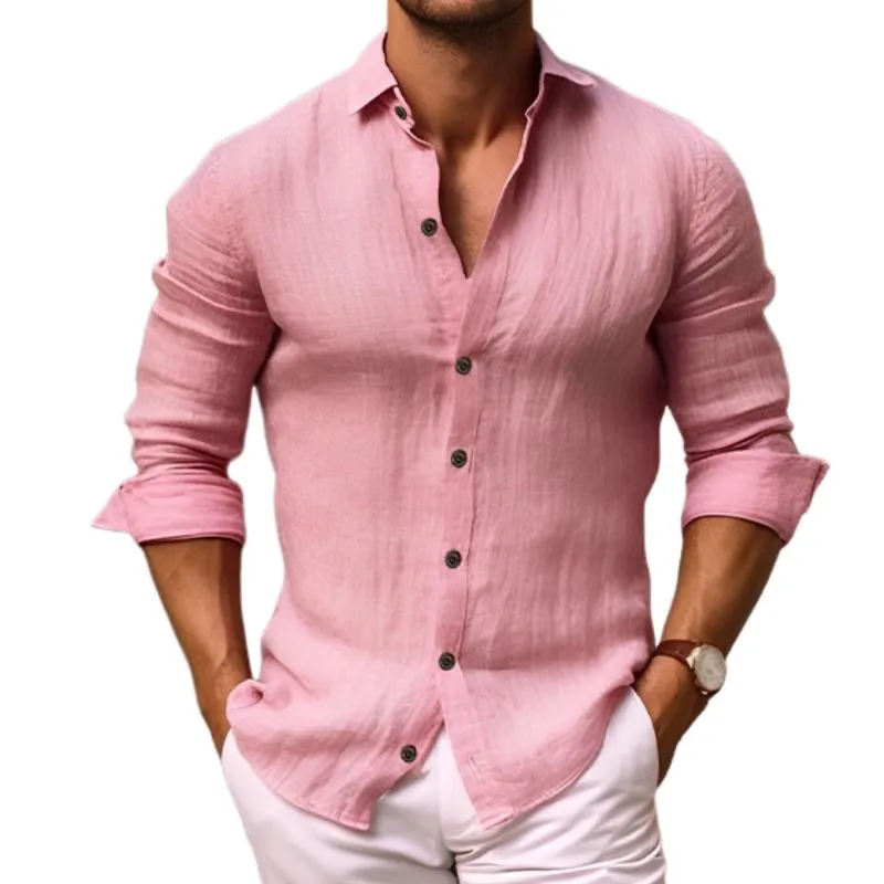 Men's Retro Casual Solid Color Cotton and Linen Long Sleeve Shirt 05207749TO sold by Manly
