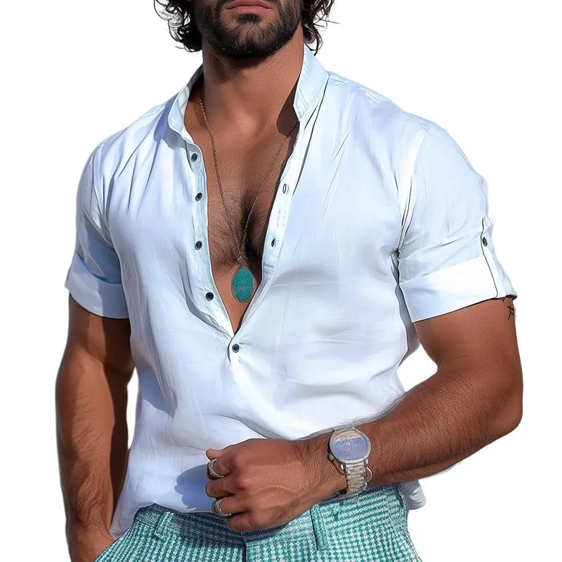 Men's Stand Collar Short Sleeve Casual Shirt 46112933Z sold by Manly