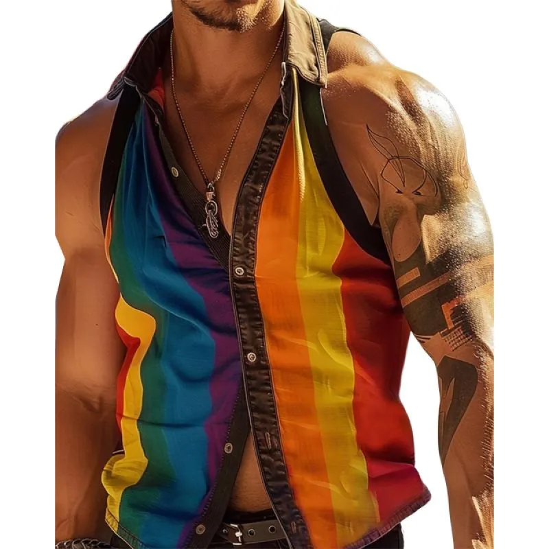 Men's Rainbow Striped Patchwork Lapel Sleeveless Slim Fit Shirt 92147239Y sold by Manly