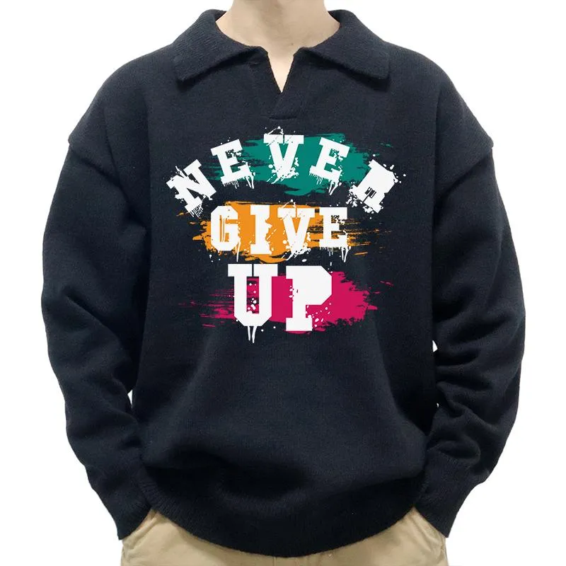 Men's Casual Letters Print Polo Collar Long Sleeve Pullover Sweater 89800757M sold by Manly