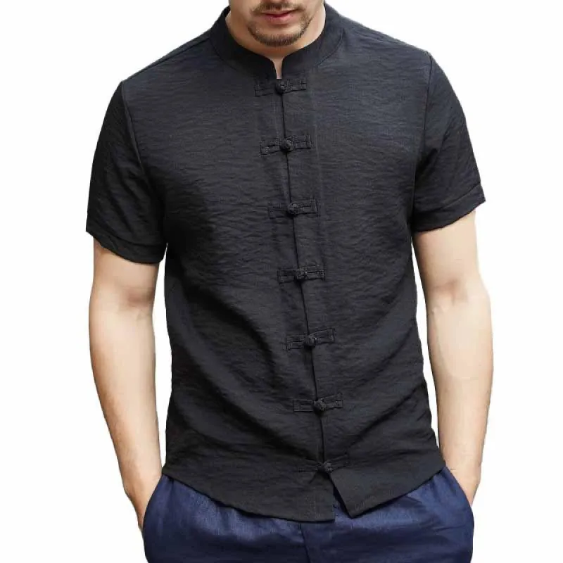 Men's Vintage Stand Collar Cotton Linen Short Sleeve Shirt 40504441M sold by Manly