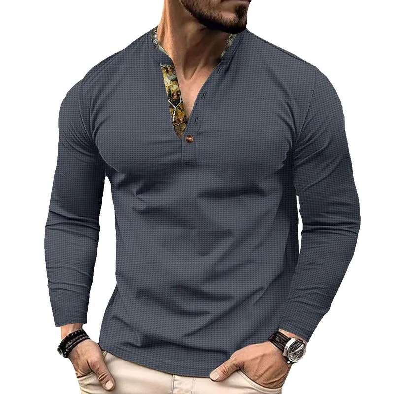 Men's Casual Waffle Color Block Stand Collar Long Sleeve Polo Shirt 37805828Y sold by Manly product image thumbnail 3