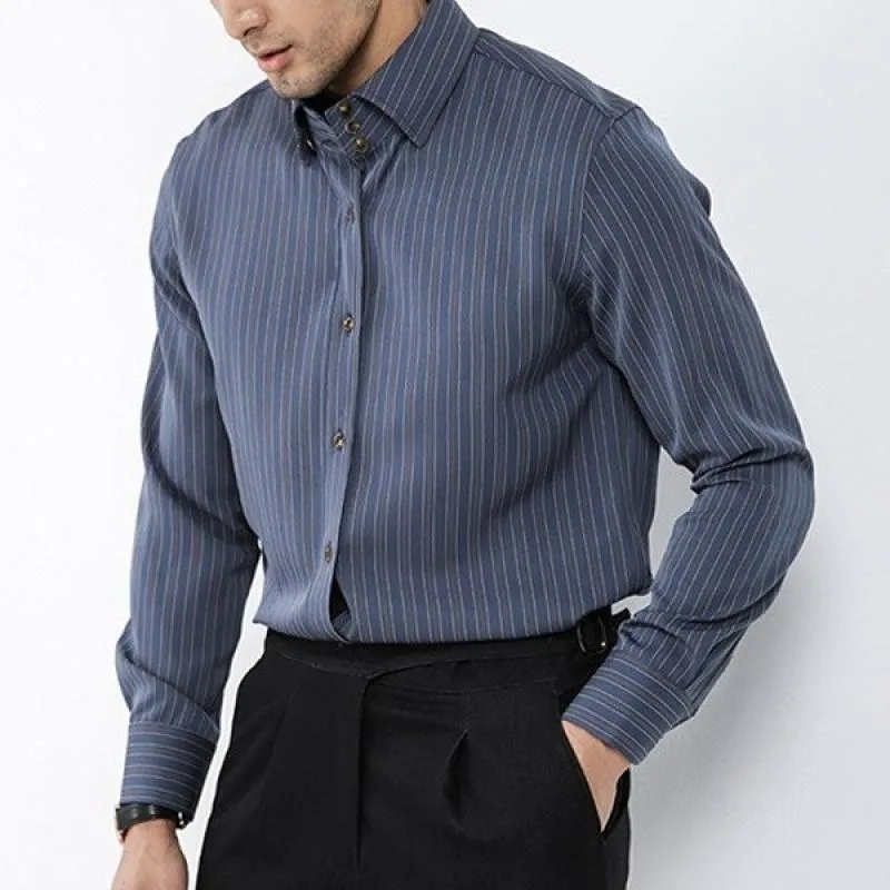 Men's Retro Striped Lapel Long Sleeve Dress Business Shirt 90345261Z sold by Manly product image thumbnail 3