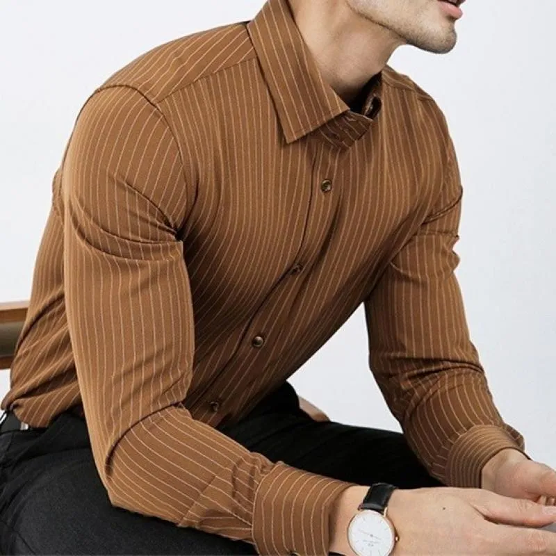 Men's Retro Striped Lapel Long Sleeve Dress Business Shirt 90345261Z sold by Manly product image thumbnail 5