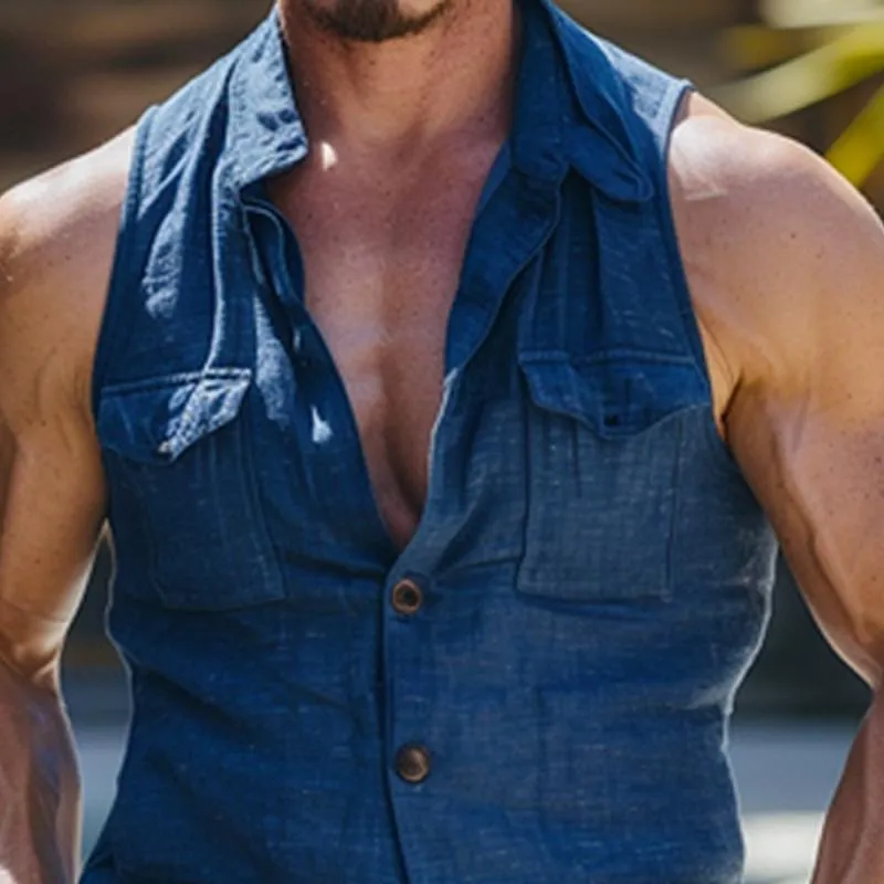 Men's Solid Color Lapel Multi-Pocket Sleeveless Shirt 64128029Y sold by Manly product image thumbnail 3