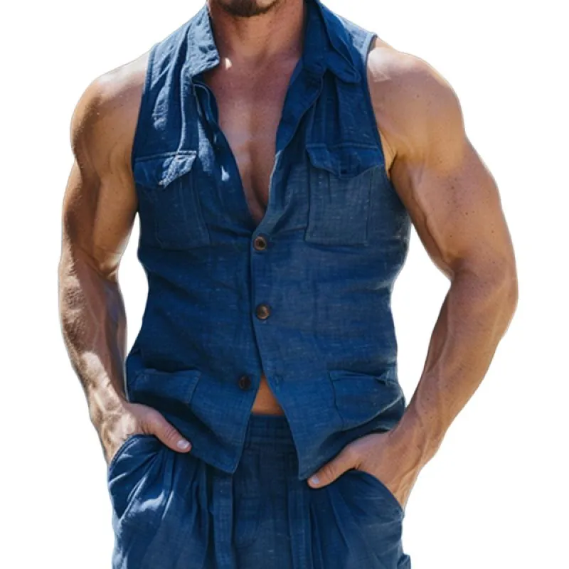 Men's Solid Color Lapel Multi-Pocket Sleeveless Shirt 64128029Y sold by Manly