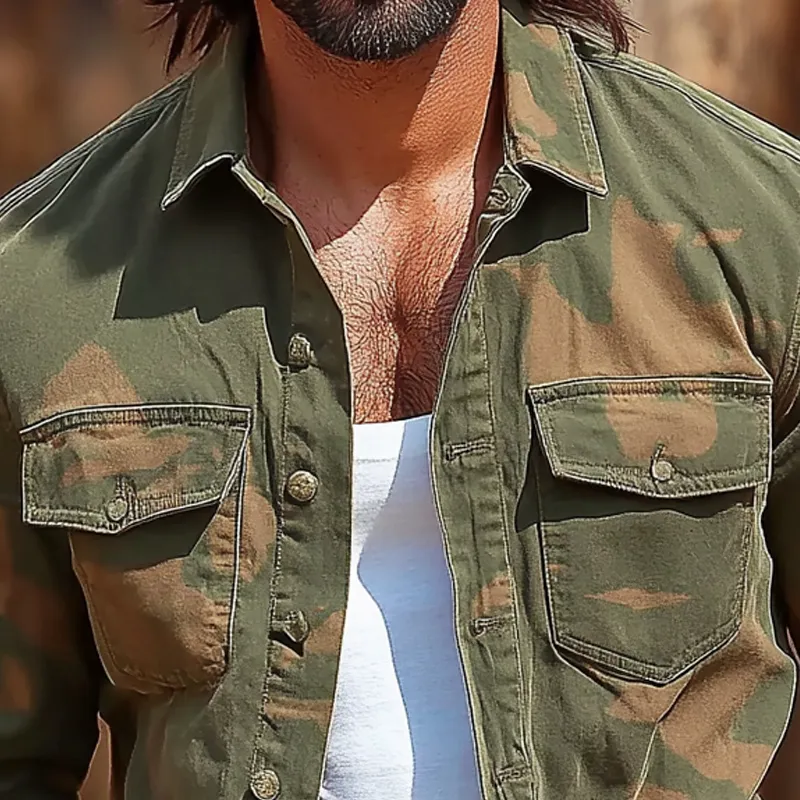 Men's Camouflage Lapel Chest Pocket Long Sleeve Cargo Shirt 55929470Z sold by Manly product image thumbnail 3