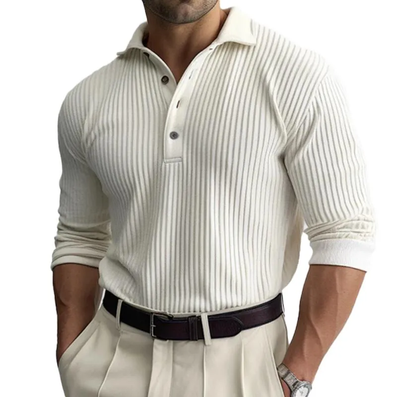 Men's Solid Striped Lapel Long Sleeve Polo Shirt 11488498Z sold by Manly