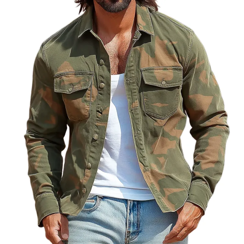 Men's Camouflage Lapel Chest Pocket Long Sleeve Cargo Shirt 55929470Z sold by Manly