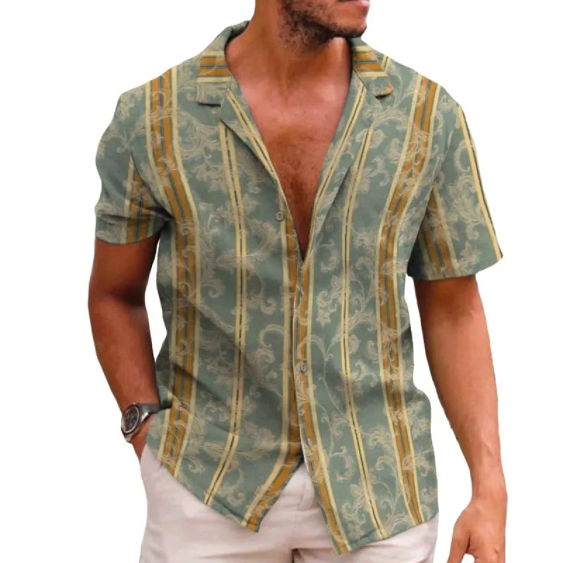 Men's Casual Retro Striped Cuban Collar Short Sleeve Shirt 24298644TO sold by Manly