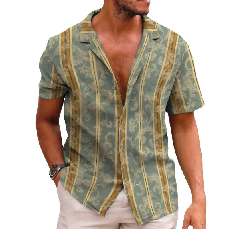 Men's Casual Retro Striped Cuban Collar Short Sleeve Shirt 24298644TO sold by Manly
