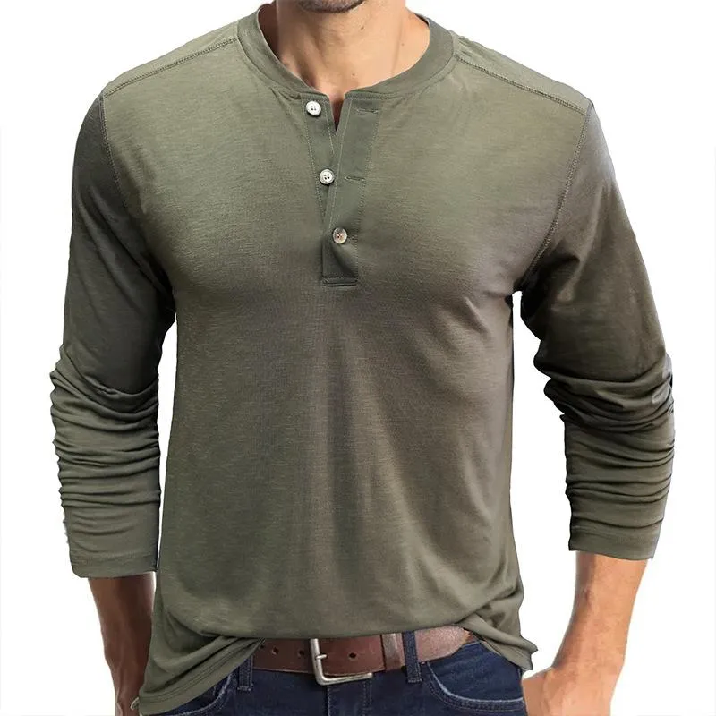 Men's Casual Solid Color Henley Collar Long Sleeve T-Shirt 75076010Y sold by Manly
