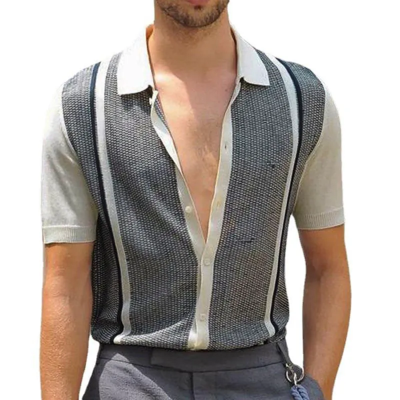 Men's Casual Color Contrast Striped Short-sleeved Lapel Knitted Polo Shirt 50407869M sold by Manly