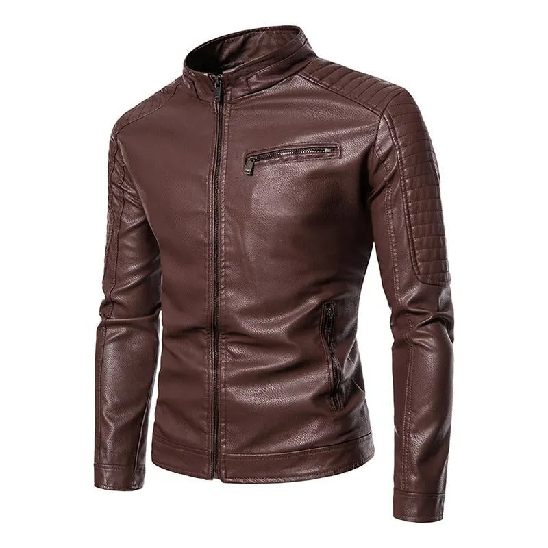 Men's Vintage Stand Collar Patchwork Slim Zipper Leather Motorcycle Jacket 50837459M sold by Manly product image thumbnail 4