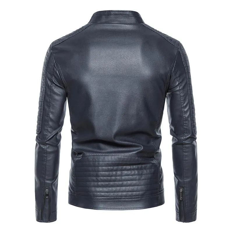 Men's Vintage Stand Collar Patchwork Slim Zipper Leather Motorcycle Jacket 50837459M sold by Manly product image thumbnail 3