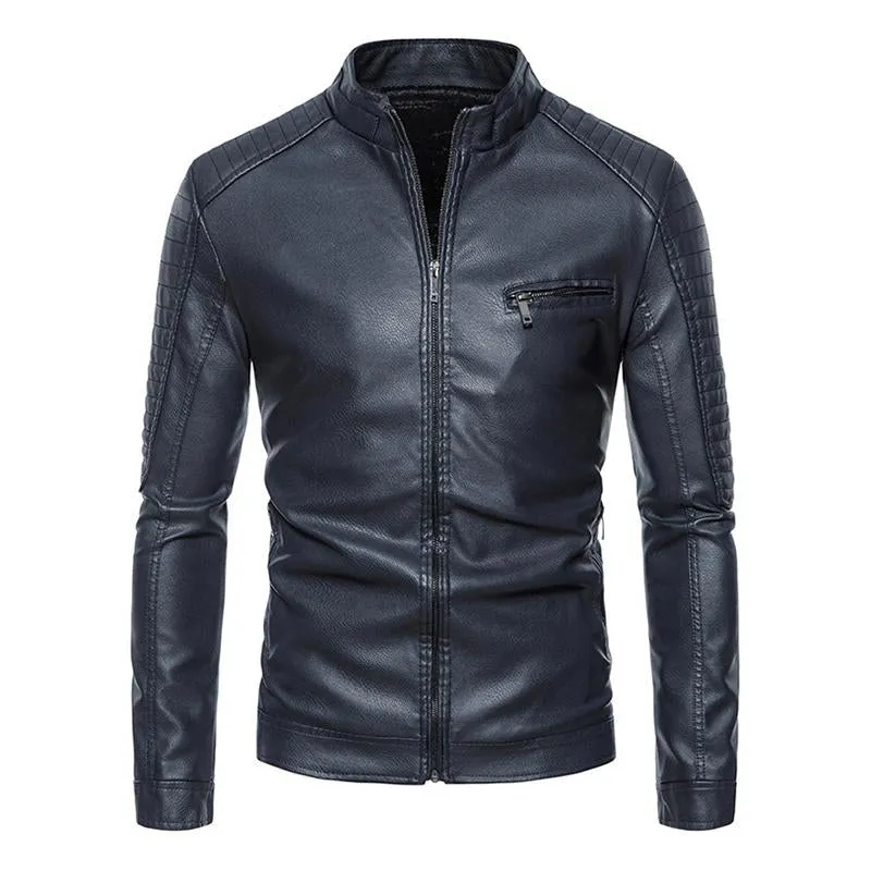 Men's Vintage Stand Collar Patchwork Slim Zipper Leather Motorcycle Jacket 50837459M sold by Manly product image thumbnail 2