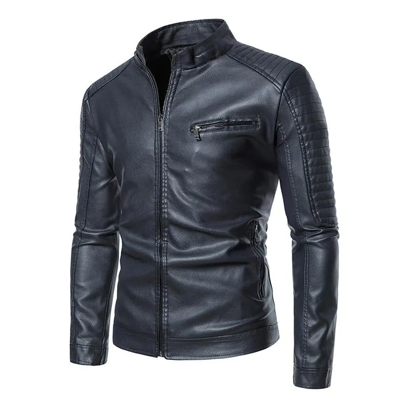 Men's Vintage Stand Collar Patchwork Slim Zipper Leather Motorcycle Jacket 50837459M sold by Manly