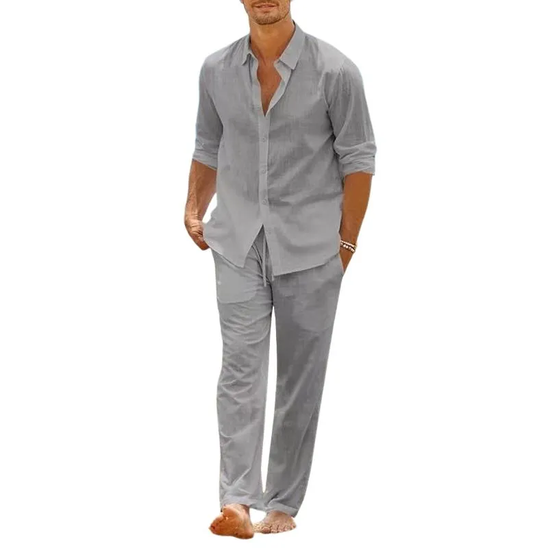 Men's Solid Lapel Long Sleeve Shirt Elastic Waist Trousers Casual Set 80477436Z sold by Manly