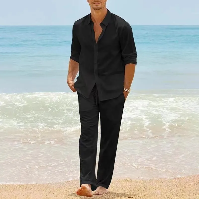 Men's Solid Lapel Long Sleeve Shirt Elastic Waist Trousers Casual Set 80477436Z sold by Manly product image thumbnail 3