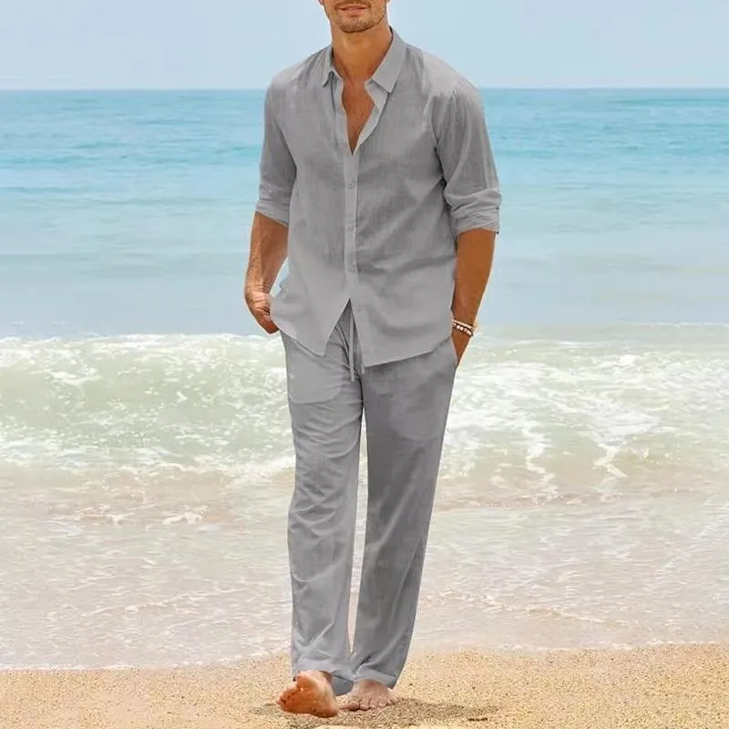 Men's Solid Lapel Long Sleeve Shirt Elastic Waist Trousers Casual Set 80477436Z sold by Manly product image thumbnail 2