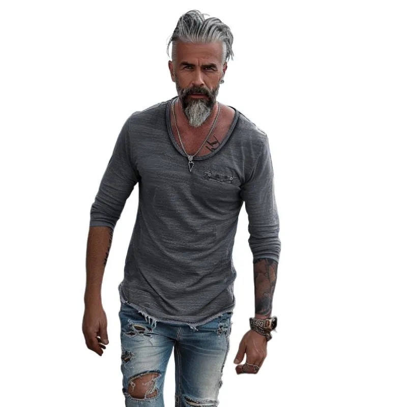 Men's Retro Solid Color Round Neck Raw Edge Long Sleeve T-Shirt 45071149Y sold by Manly