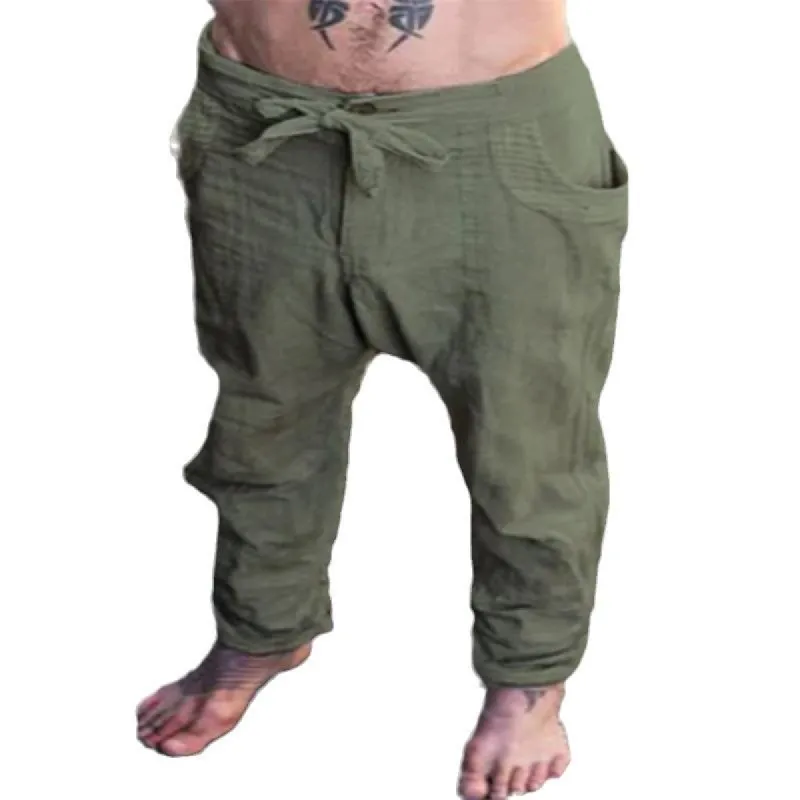 Men's Cotton and Linen Solid Color Lace-up Loose Casual Pants 80359441X sold by Manly