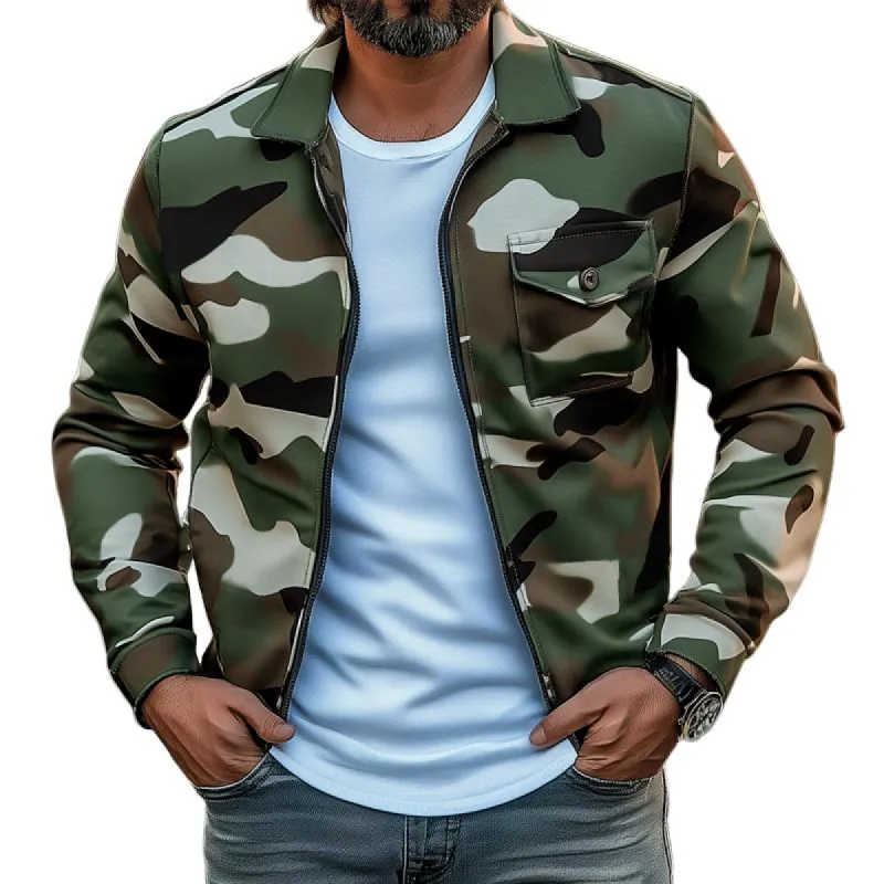 Men's Retro Camouflage Lapel Chest Pocket Zip Jacket 17069603Z sold by Manly