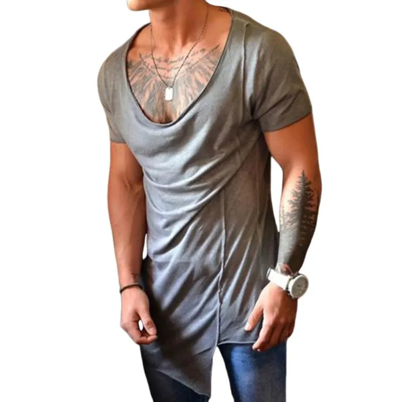 Men's Casual U-neck Irregular Hem Patchwork Short-sleeved T-shirt 16476749M sold by Manly