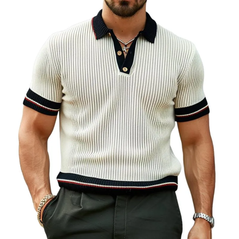 Men's Contrast 70s Vintage Polo Shirts Short Sleeve Knitwear