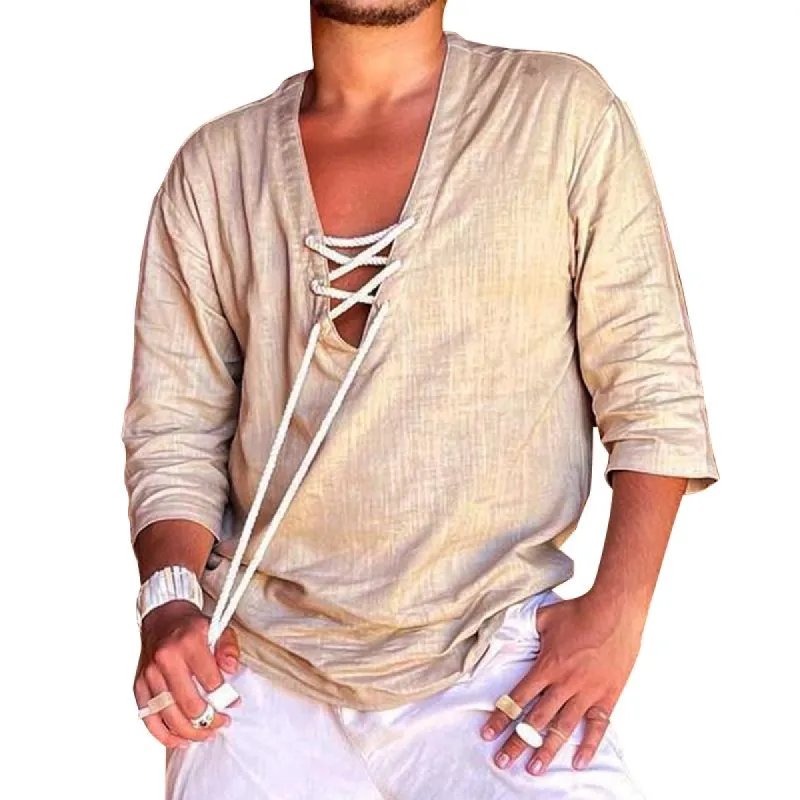 Men's Casual Solid Color V Neck Drawstring Three-quarter Sleeve Shirt 69164177Y sold by Manly