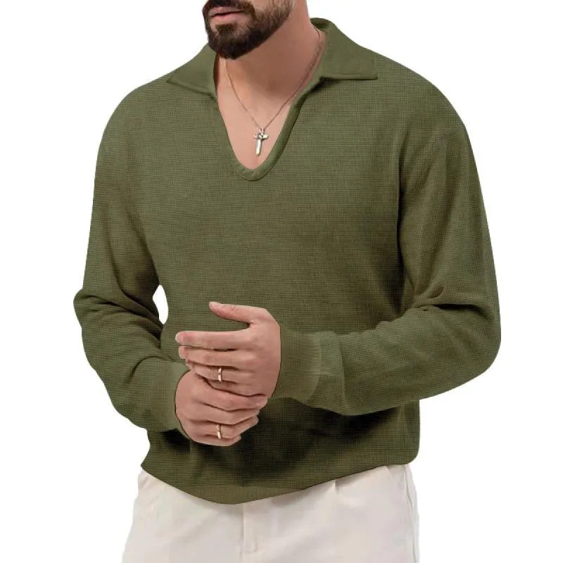 Men's Solid Color Casual Breathable V-neck Long-sleeved Sweater 42366896X sold by Manly
