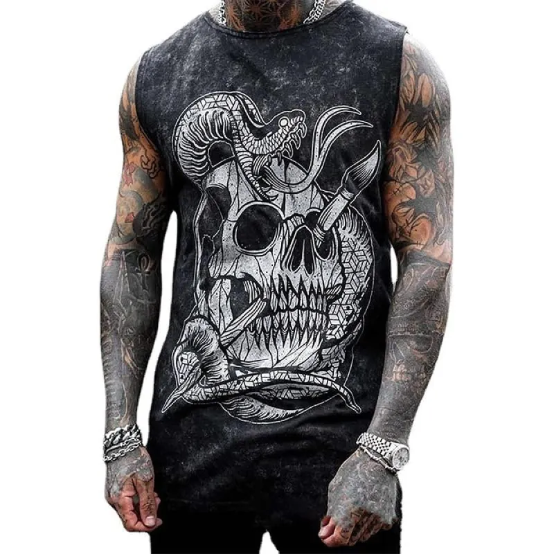 Men's Casual Round Neck Skull Print Loose Sleeveless Tank Top 99845376M sold by Manly