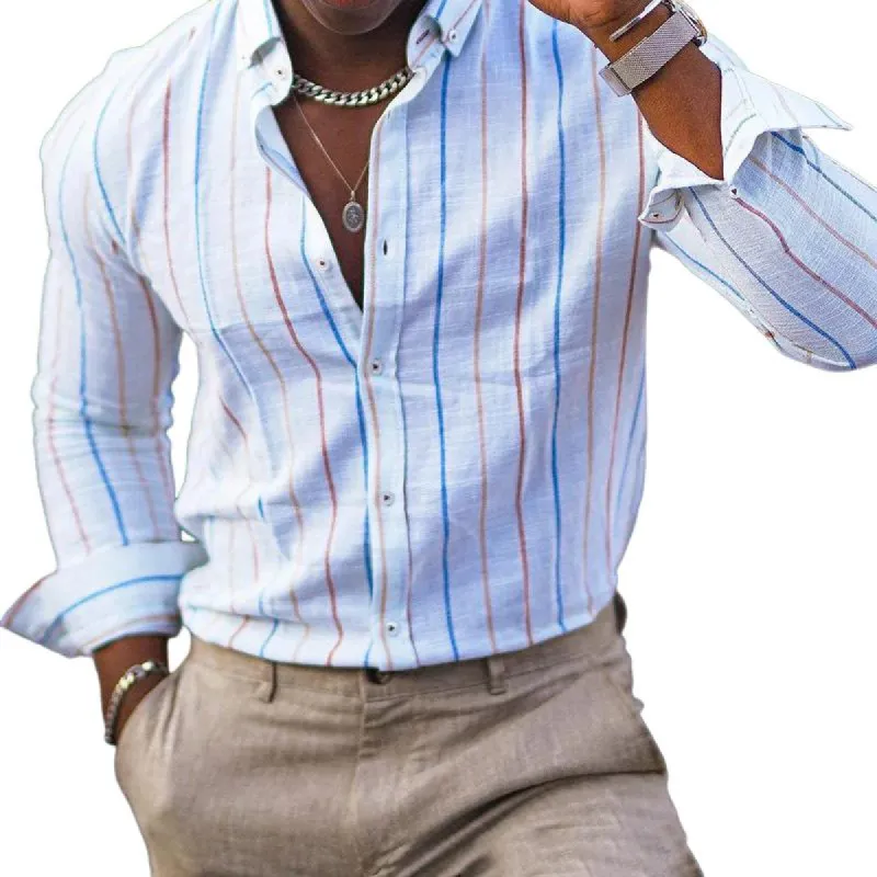 Men's Striped Print Lapel Long Sleeve Shirt 01634439Y sold by Manly