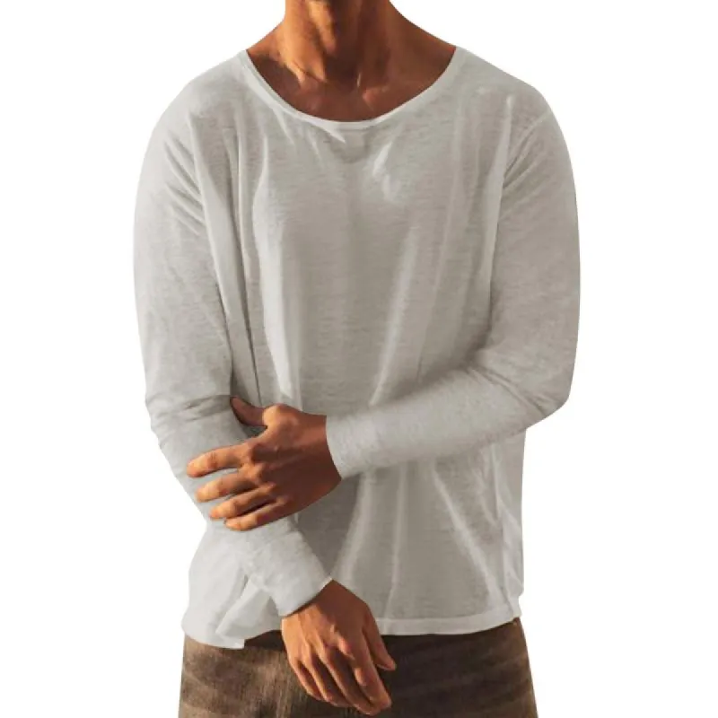 Men's Solid Loose Round Neck Long Sleeve Linen T-shirt 57497281Z sold by Manly