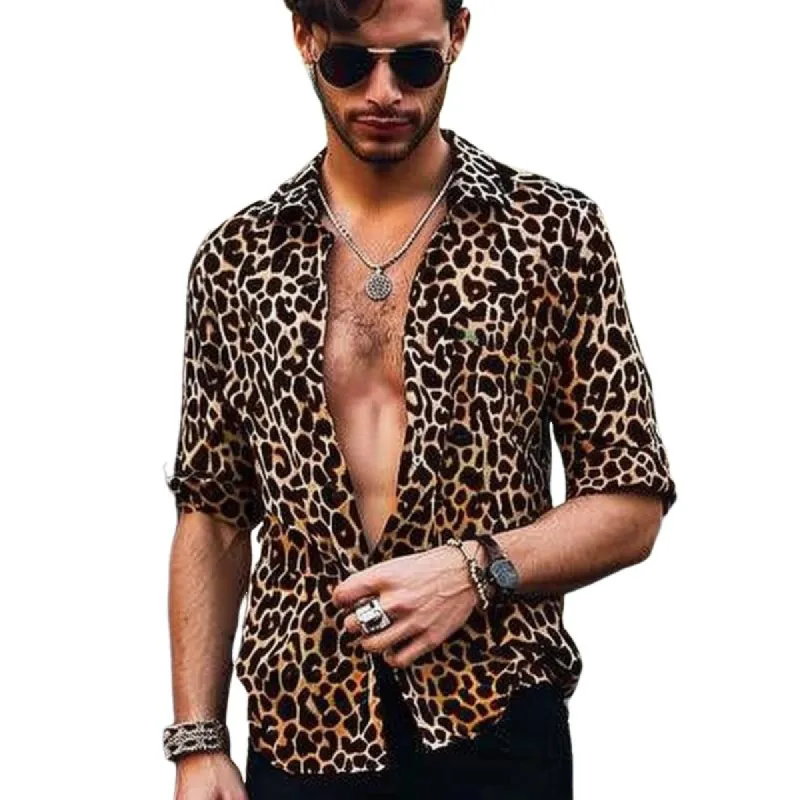 Men's Fashion Leopard Print Lapel Loose Long Sleeve Shirt 79260075M sold by Manly