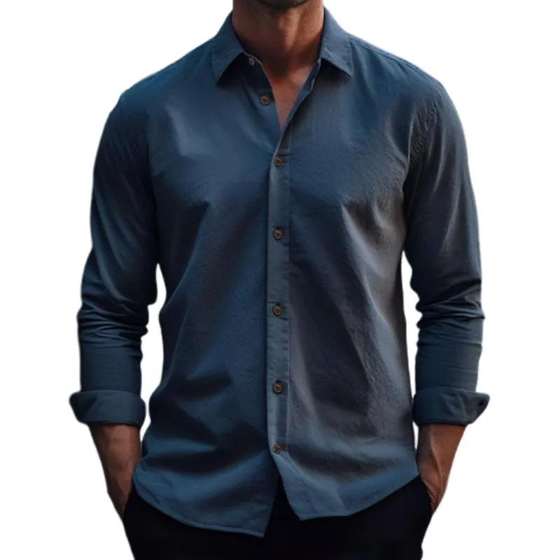 Men's Retro Casual Solid Color Cotton and Linen Long Sleeve Shirt 47921999TO sold by Manly