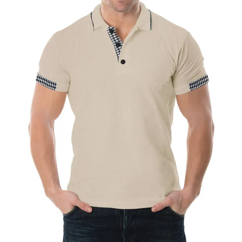 Men's Casual Houndstooth Patchwork Lapel Short Sleeve Polo Shirt 28936161M sold by Manly